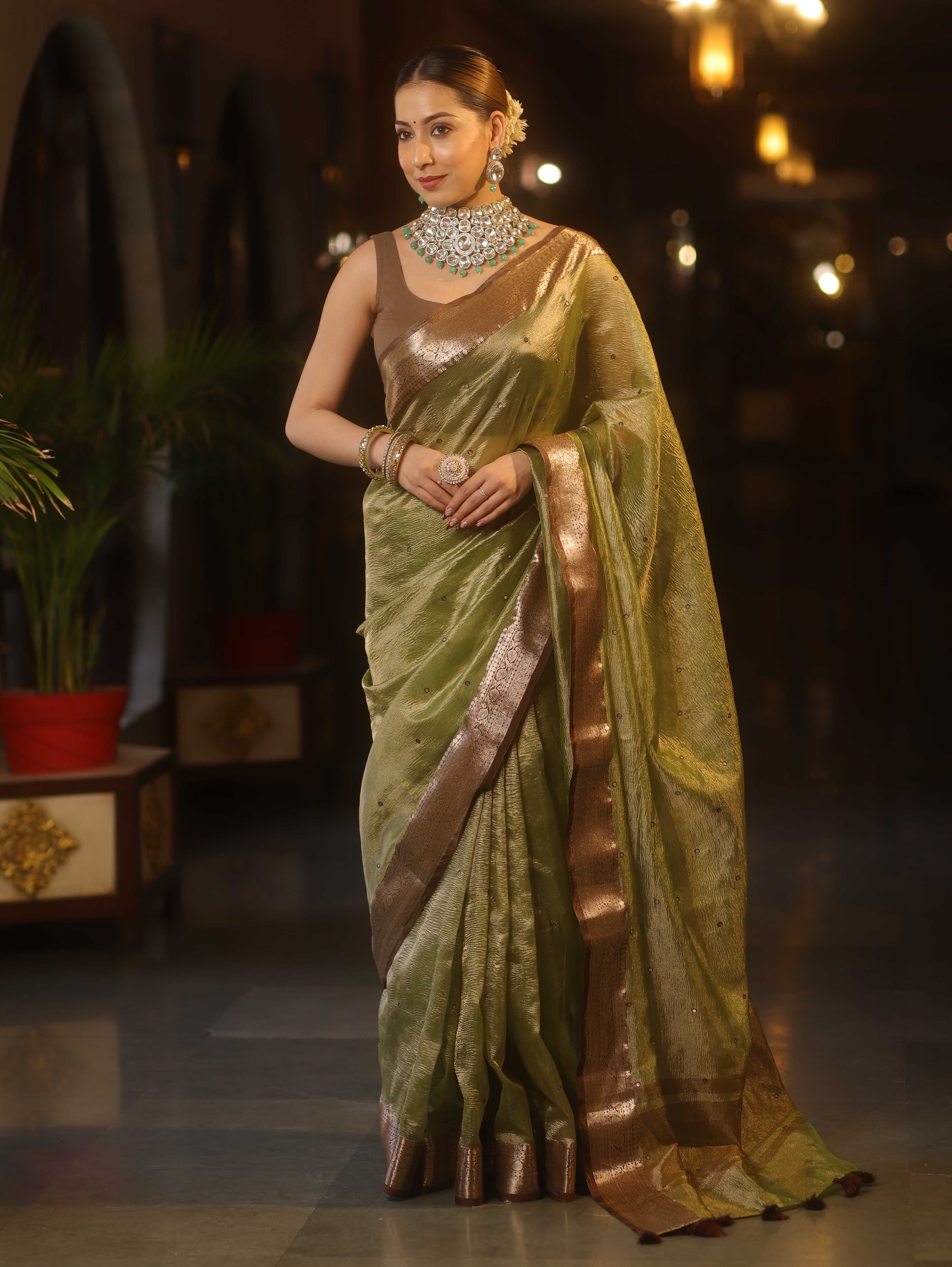 Banarasee Handwoven Mirror Work Crushed Tissue Saree With Contrast Border-Green & Brown