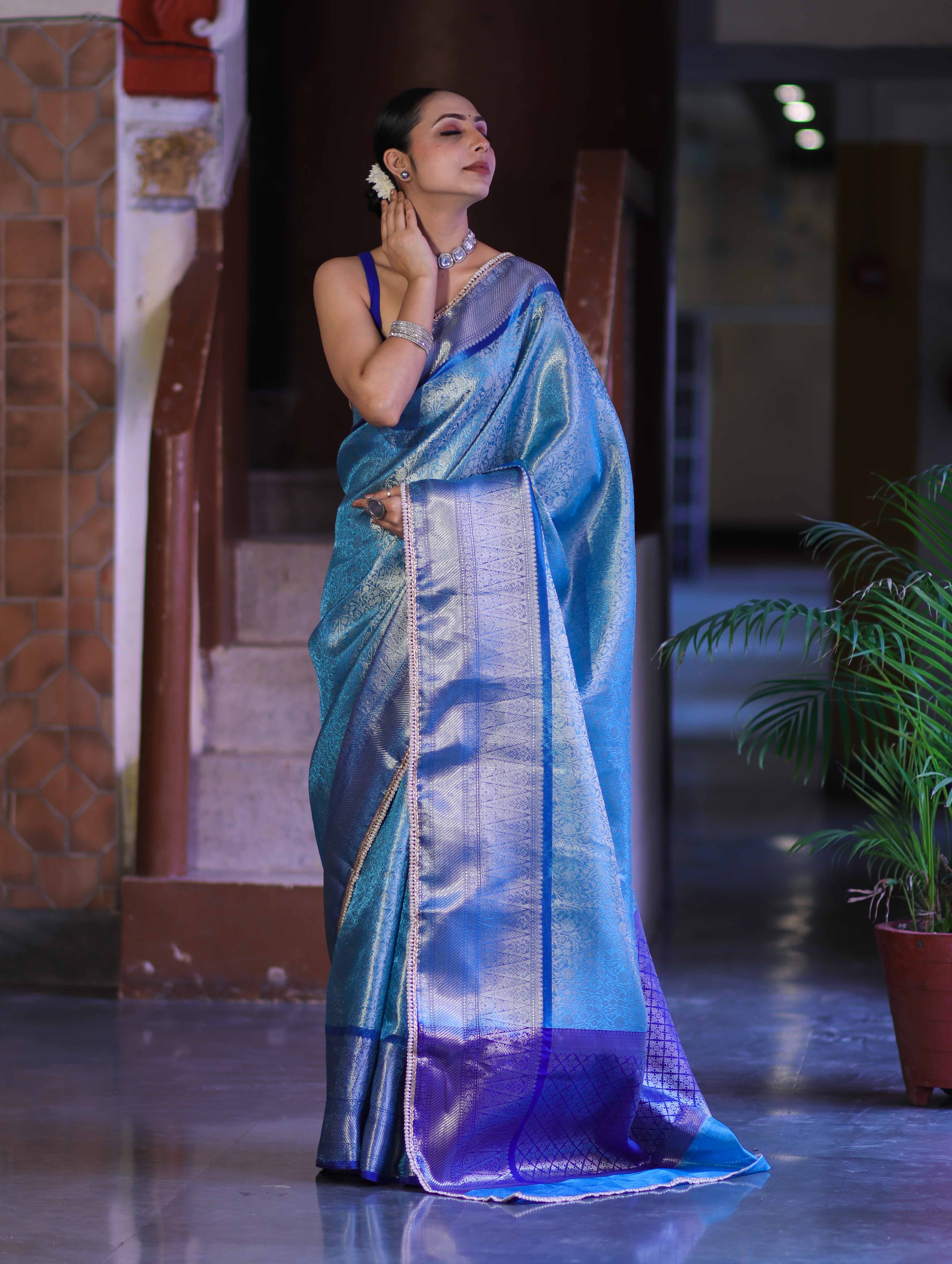 Banarasee Handloom Tissue Saree With Zari Woven Design Broad Border & Lace-Sky Blue