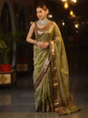 Banarasee Handwoven Mirror Work Crushed Tissue Saree With Contrast Border-Green & Brown