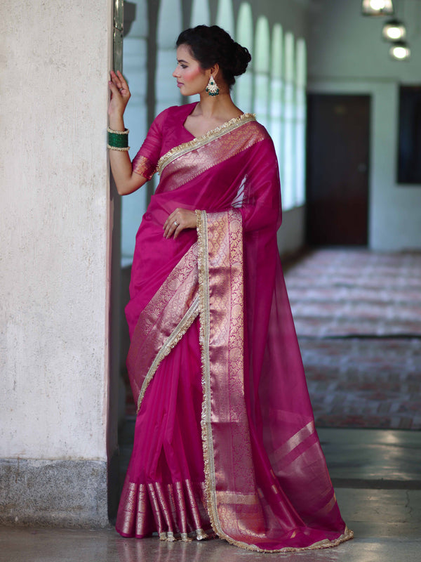 Banarasee Handwoven Plain Tissue Saree With Zari Border & Lace-Rani Pink