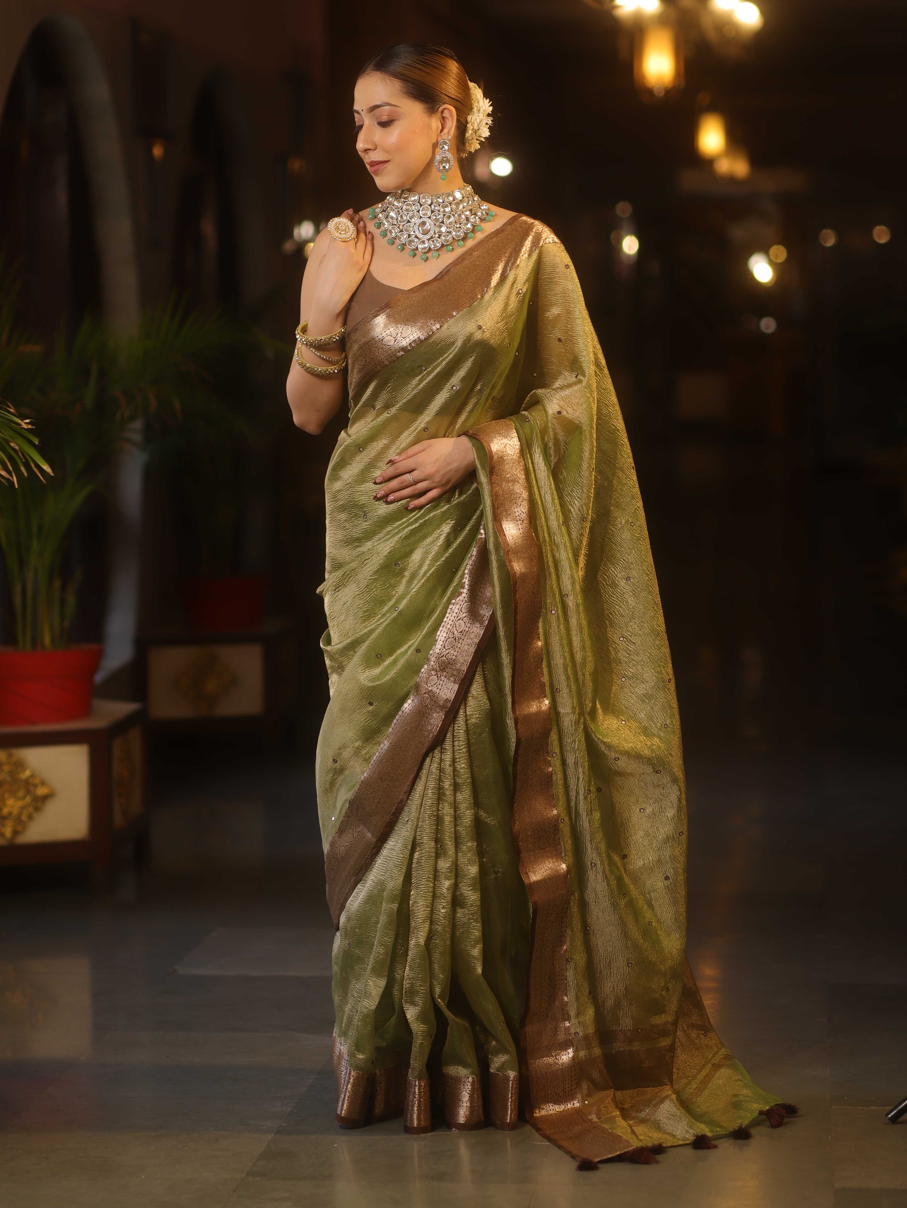 Banarasee Handwoven Mirror Work Crushed Tissue Saree With Contrast Border-Green & Brown