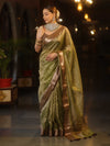 Banarasee Handwoven Mirror Work Crushed Tissue Saree With Contrast Border-Green & Brown