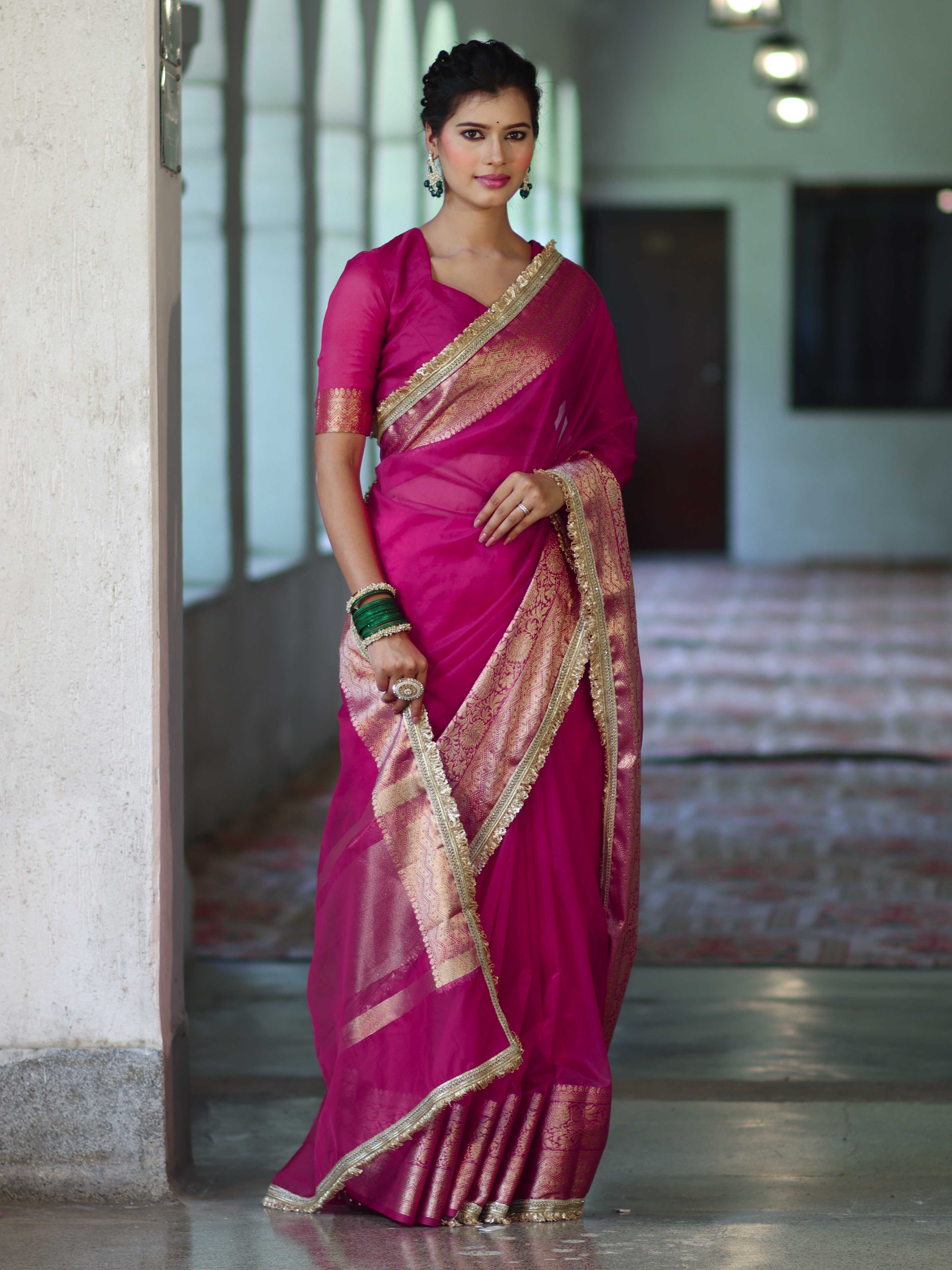 Banarasee Handwoven Plain Tissue Saree With Zari Border & Lace-Rani Pink