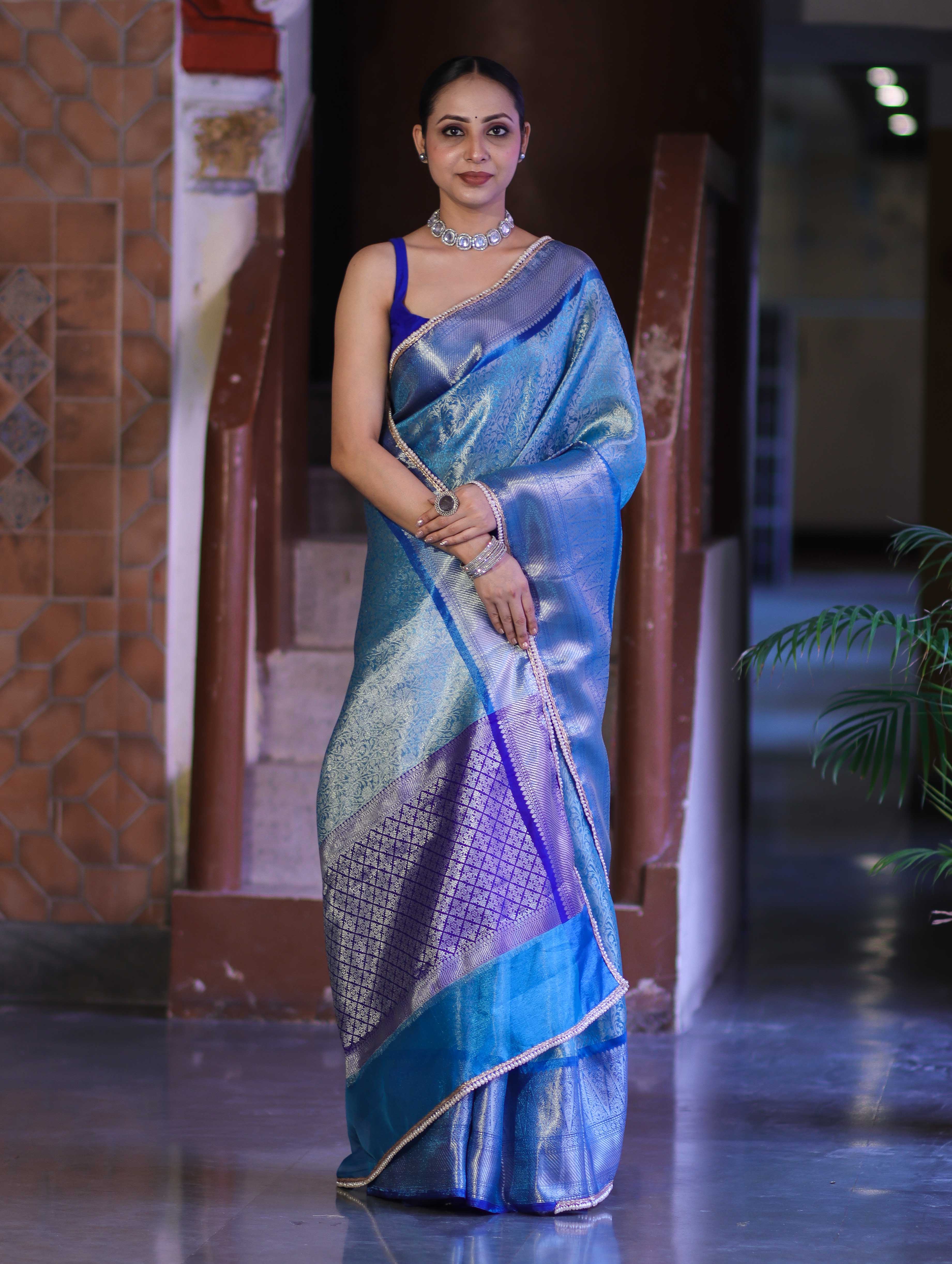 Banarasee Handloom Tissue Saree With Zari Woven Design Broad Border & Lace-Sky Blue