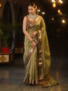 Banarasee Handwoven Mirror Work Crushed Tissue Saree With Contrast Border-Green & Brown