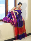 Banarasee Handloom Semi Silk Saree With Stripe Pattern & Contrast Border-Violet & Red