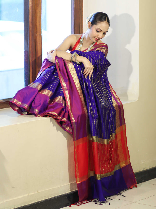 Banarasee Handloom Semi Silk Saree With Stripe Pattern & Contrast Border-Violet & Red