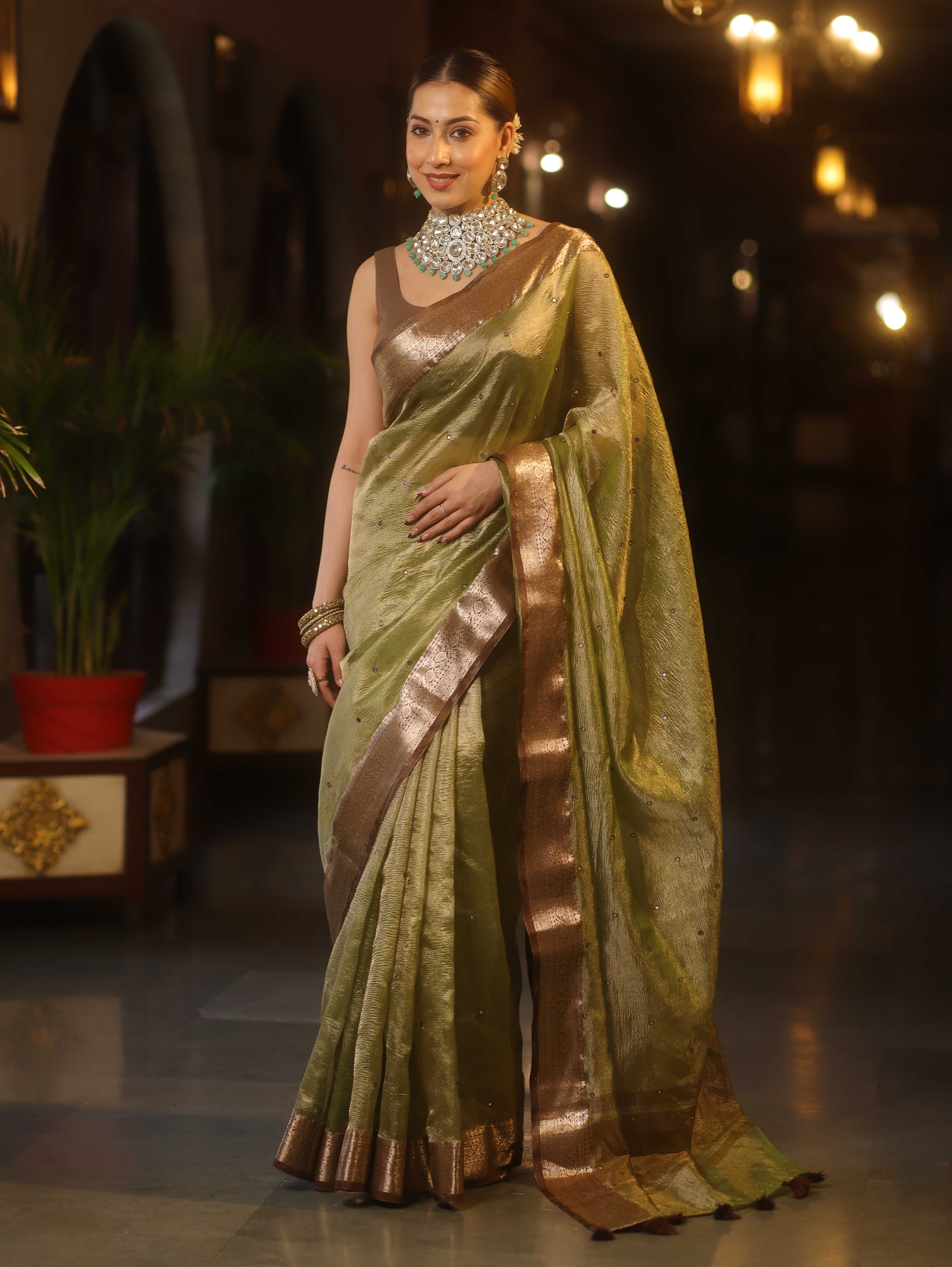 Banarasee Handwoven Mirror Work Crushed Tissue Saree With Contrast Border-Green & Brown