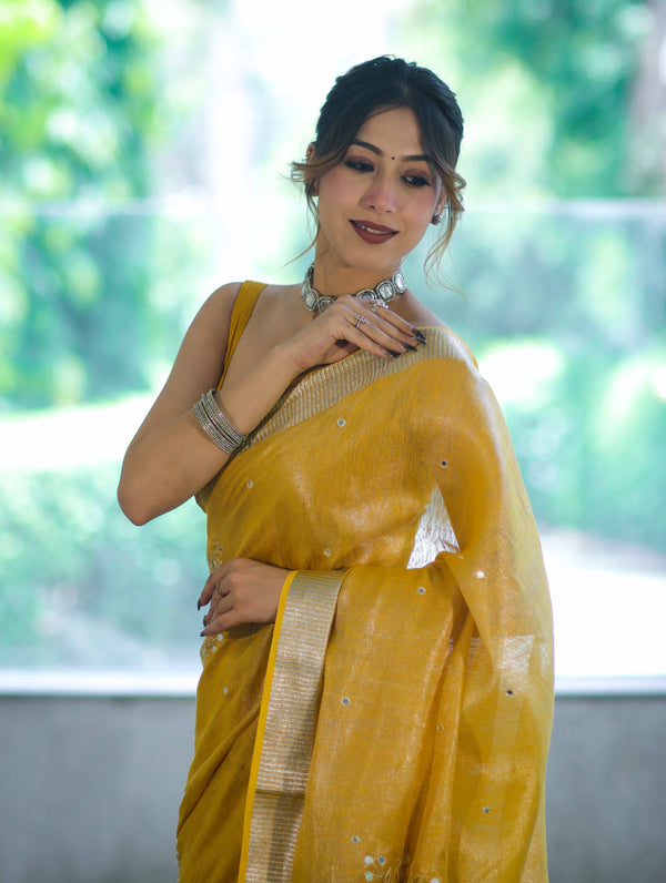 Bhagalpur Handloom Linen Tissue Shine Saree With Mirror Work & Cutwork Design-Yellow