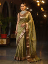 Banarasee Handwoven Mirror Work Crushed Tissue Saree With Contrast Border-Green & Brown