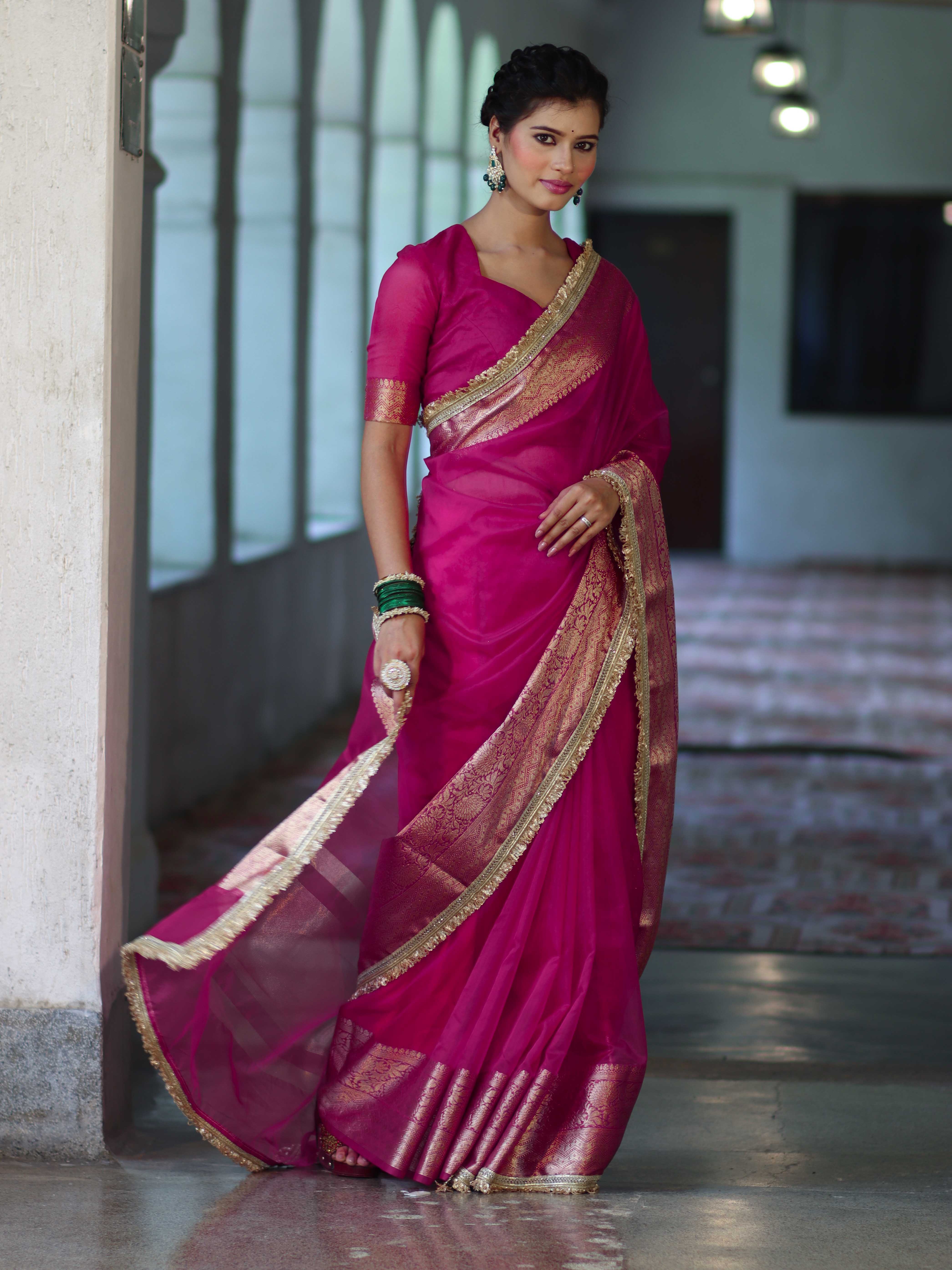 Banarasee Handwoven Plain Tissue Saree With Zari Border & Lace-Rani Pink