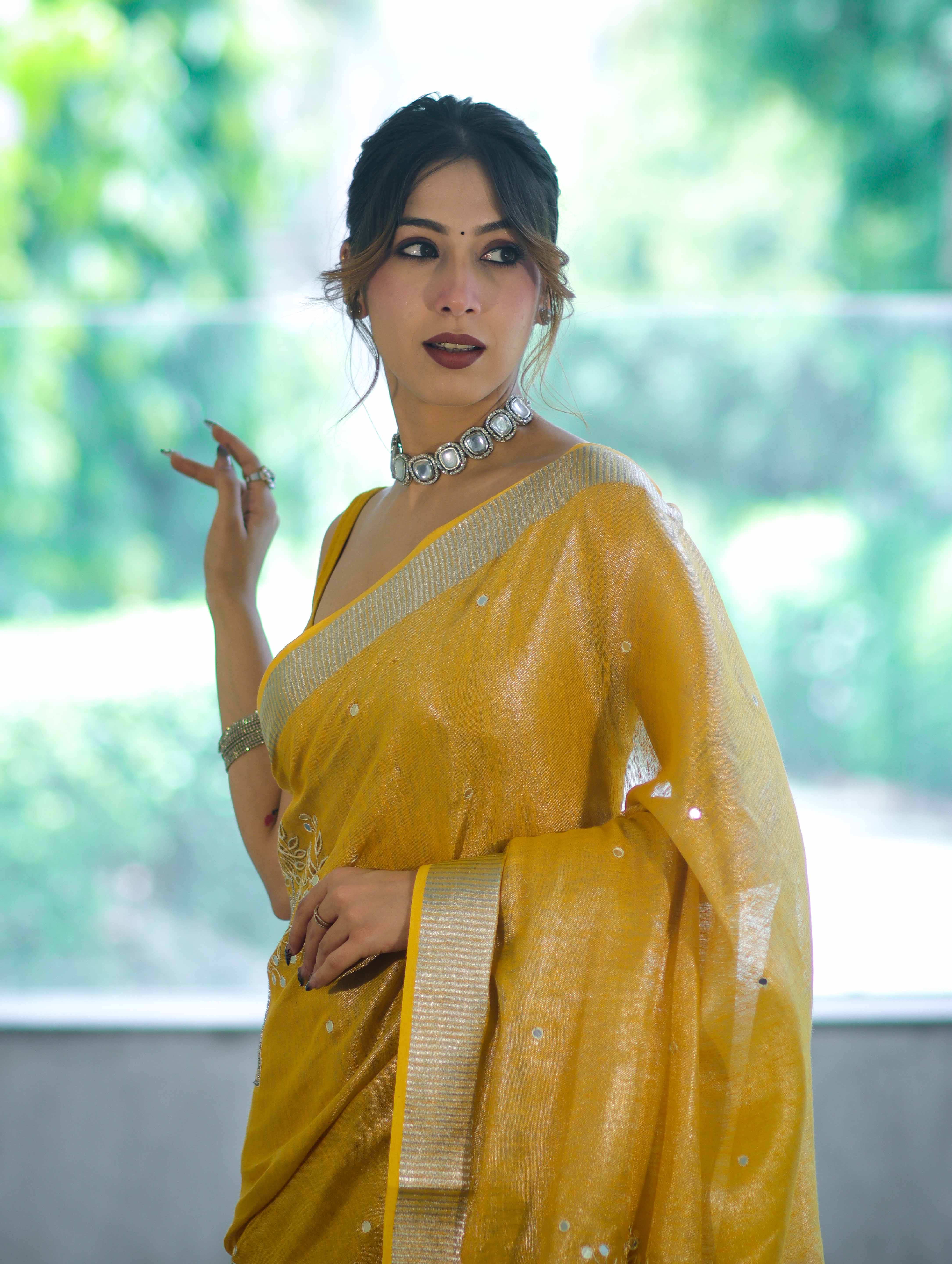Bhagalpur Handloom Linen Tissue Shine Saree With Mirror Work & Cutwork Design-Yellow