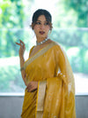 Bhagalpur Handloom Linen Tissue Shine Saree With Mirror Work & Cutwork Design-Yellow