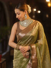 Banarasee Handwoven Mirror Work Crushed Tissue Saree With Contrast Border-Green & Brown