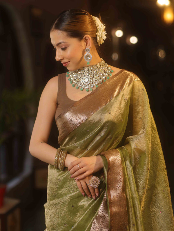 Banarasee Handwoven Mirror Work Crushed Tissue Saree With Contrast Border-Green & Brown
