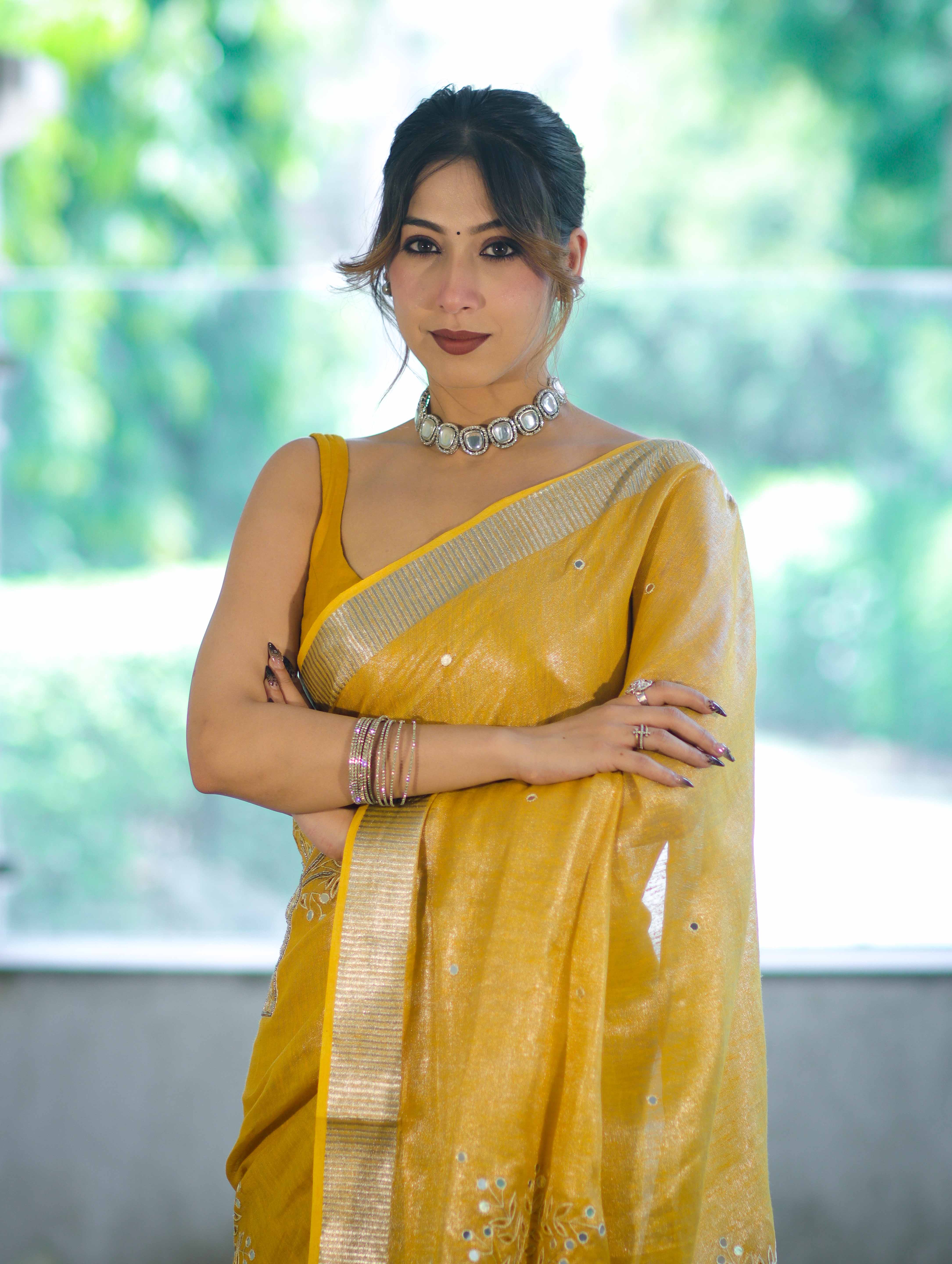 Bhagalpur Handloom Linen Tissue Shine Saree With Mirror Work & Cutwork Design-Yellow