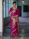 Banarasee Handwoven Plain Tissue Saree With Zari Border & Lace-Rani Pink