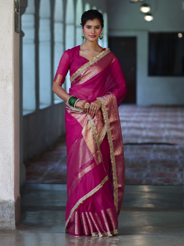 Banarasee Handwoven Plain Tissue Saree With Zari Border & Lace-Rani Pink