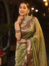 Banarasee Handwoven Mirror Work Crushed Tissue Saree With Contrast Border-Green & Brown