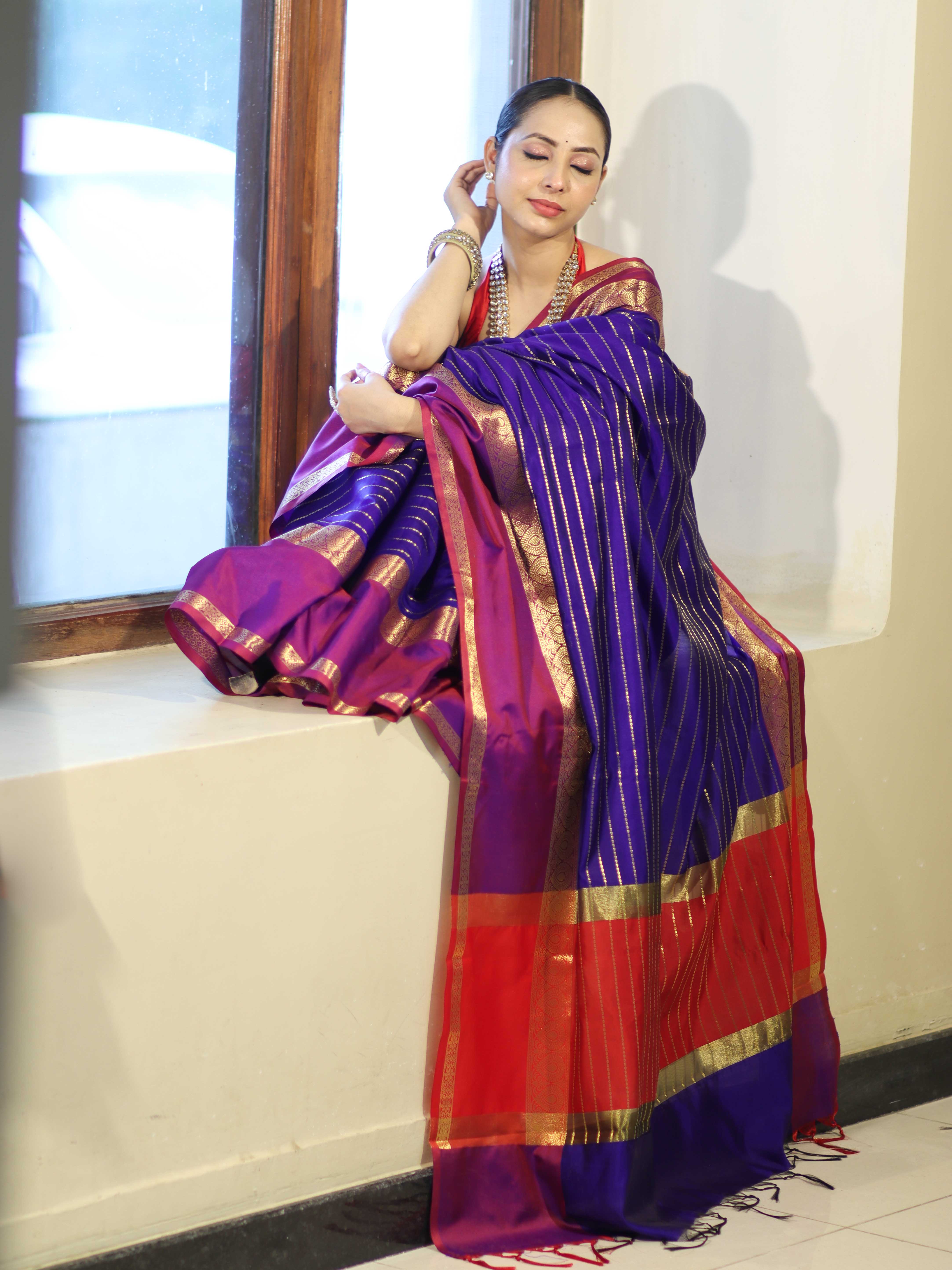 Banarasee Handloom Semi Silk Saree With Stripe Pattern & Contrast Border-Violet & Red