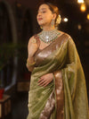 Banarasee Handwoven Mirror Work Crushed Tissue Saree With Contrast Border-Green & Brown