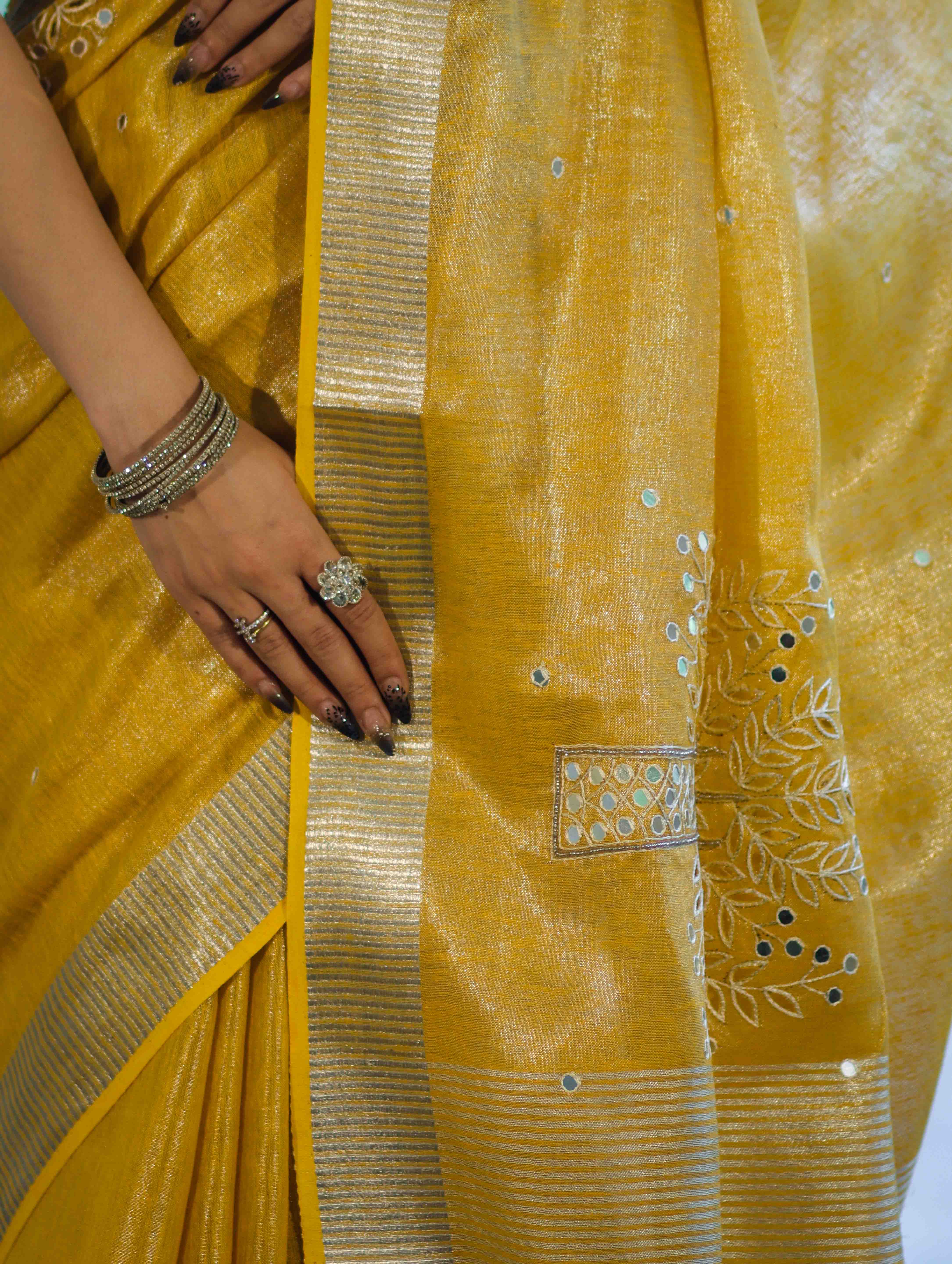 Bhagalpur Handloom Linen Tissue Shine Saree With Mirror Work & Cutwork Design-Yellow