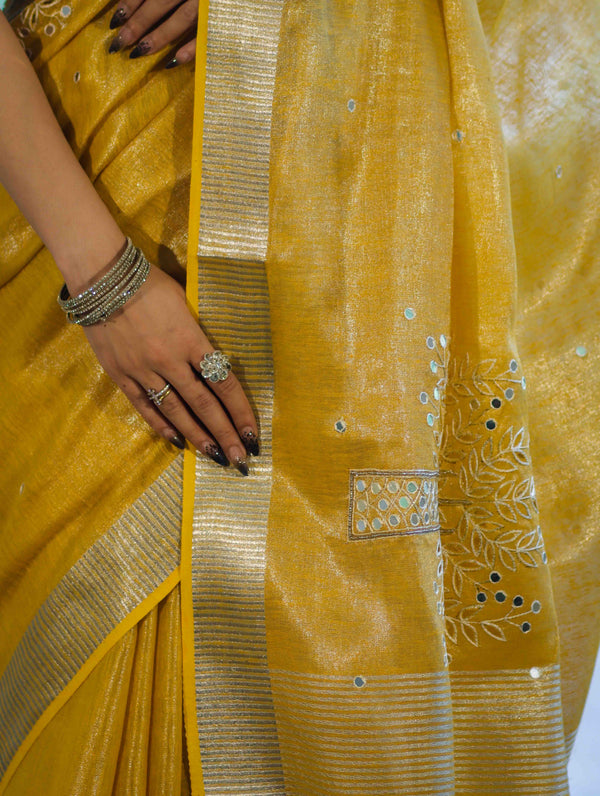 Bhagalpur Handloom Linen Tissue Shine Saree With Mirror Work & Cutwork Design-Yellow