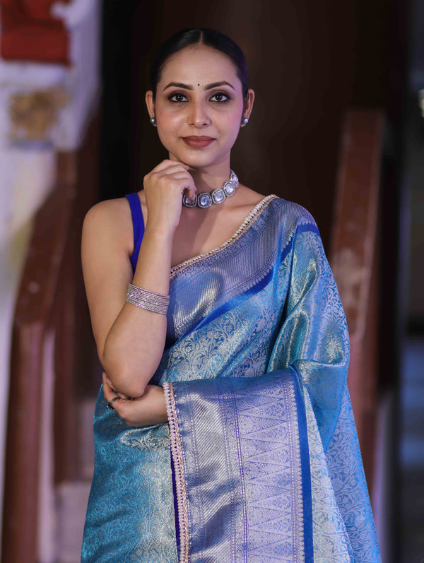 Banarasee Handloom Tissue Saree With Zari Woven Design Broad Border & Lace-Sky Blue