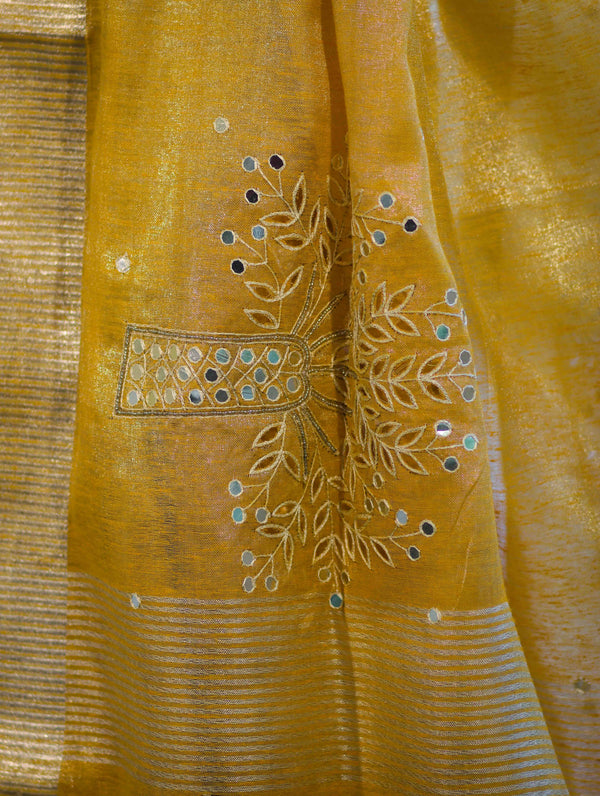 Bhagalpur Handloom Linen Tissue Shine Saree With Mirror Work & Cutwork Design-Yellow