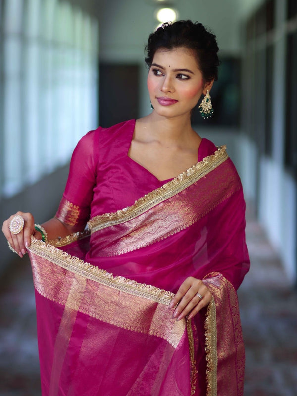 Banarasee Handwoven Plain Tissue Saree With Zari Border & Lace-Rani Pink