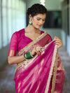 Banarasee Handwoven Plain Tissue Saree With Zari Border & Lace-Rani Pink