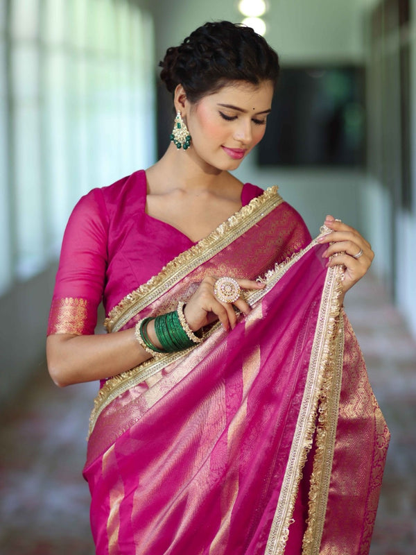 Banarasee Handwoven Plain Tissue Saree With Zari Border & Lace-Rani Pink