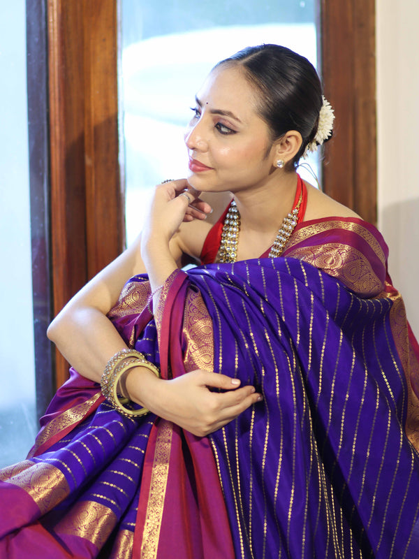 Banarasee Handloom Semi Silk Saree With Stripe Pattern & Contrast Border-Violet & Red