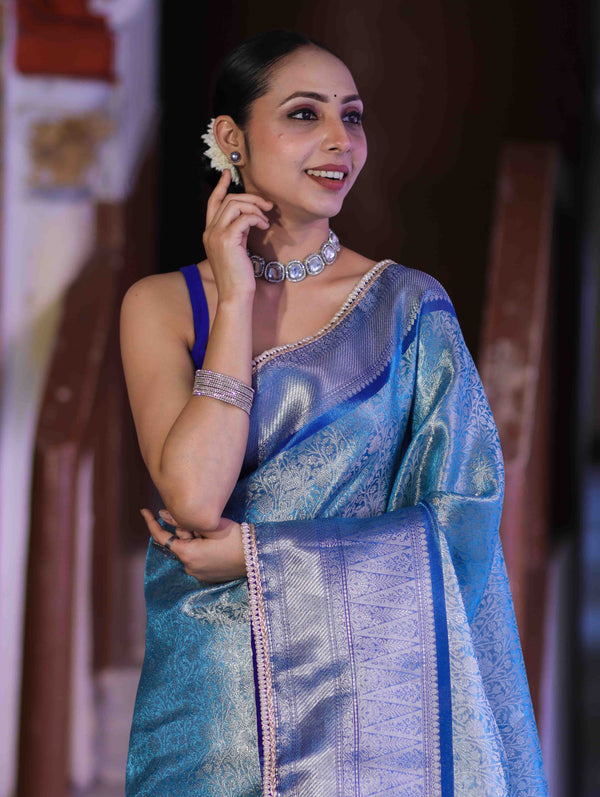 Banarasee Handloom Tissue Saree With Zari Woven Design Broad Border & Lace-Sky Blue