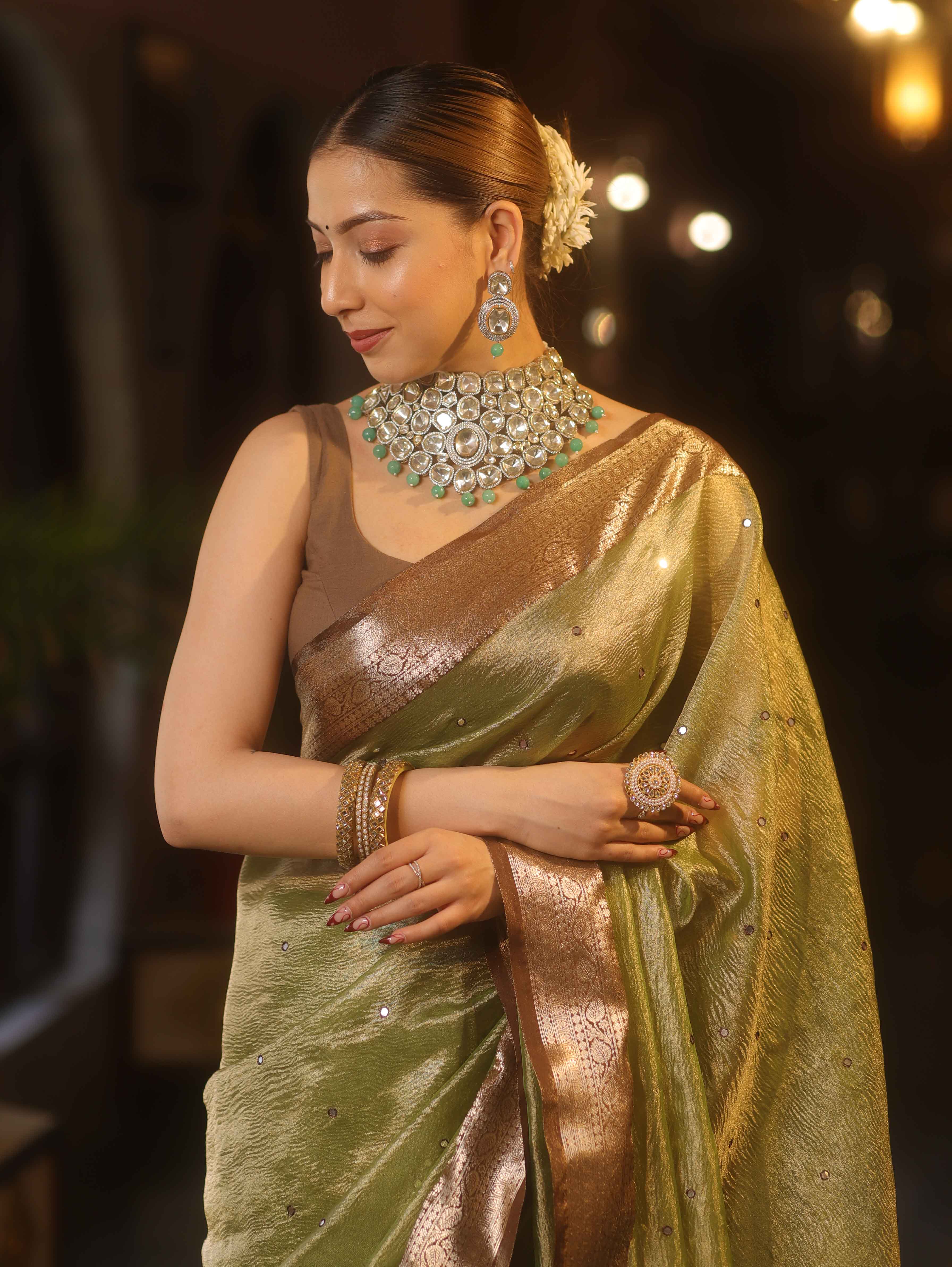Banarasee Handwoven Mirror Work Crushed Tissue Saree With Contrast Border-Green & Brown