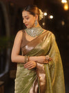 Banarasee Handwoven Mirror Work Crushed Tissue Saree With Contrast Border-Green & Brown