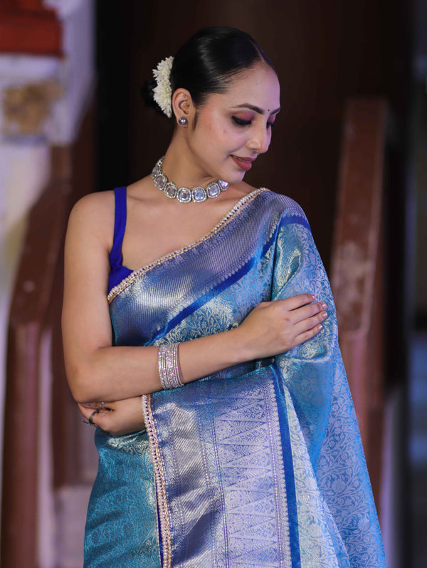 Banarasee Handloom Tissue Saree With Zari Woven Design Broad Border & Lace-Sky Blue
