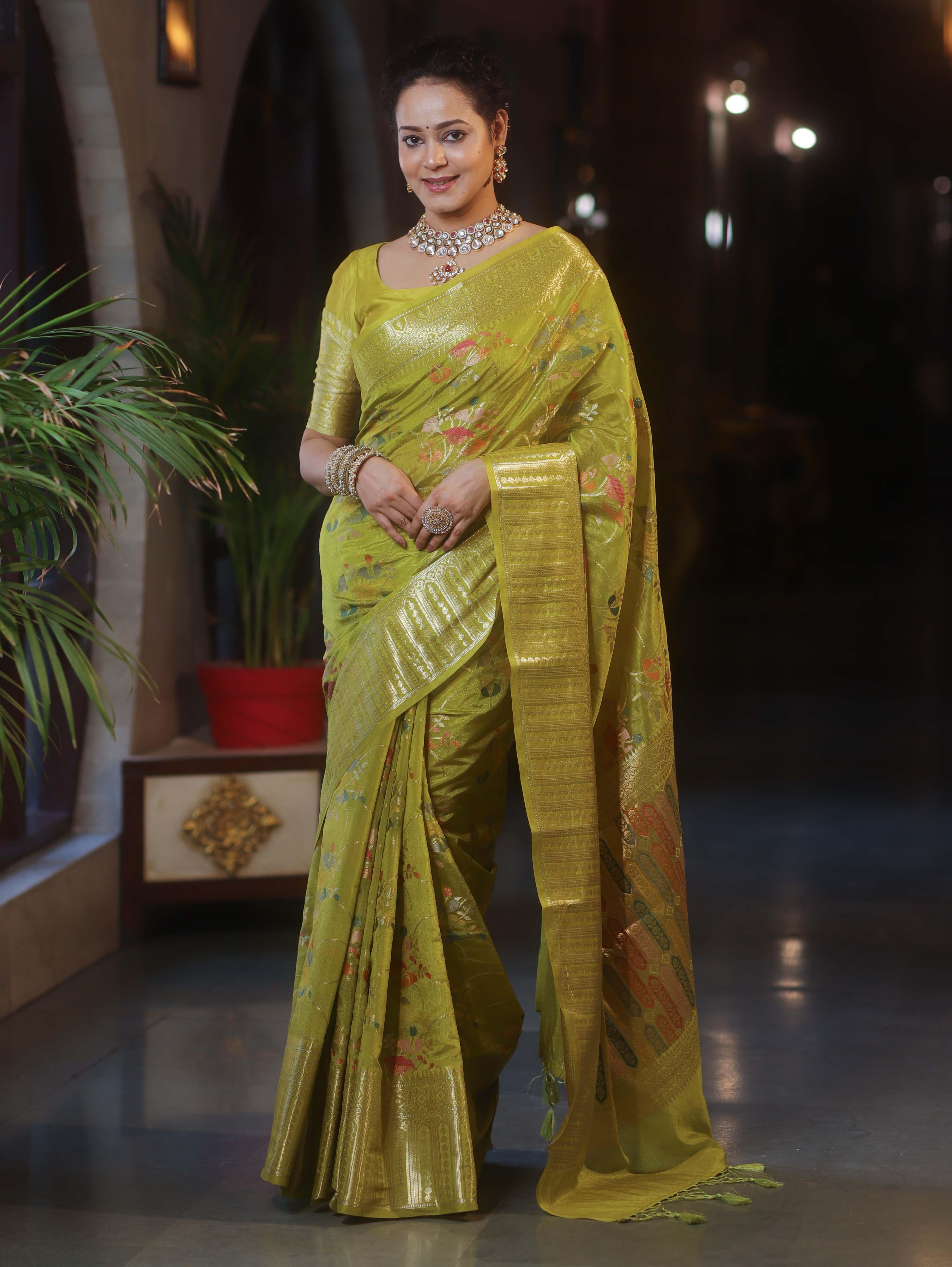 Banarasee Handwoven Semi Silk Saree With Gold Zari & Resham Jaal Design-Olive Green