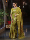 Banarasee Handwoven Semi Silk Saree With Gold Zari & Resham Jaal Design-Olive Green