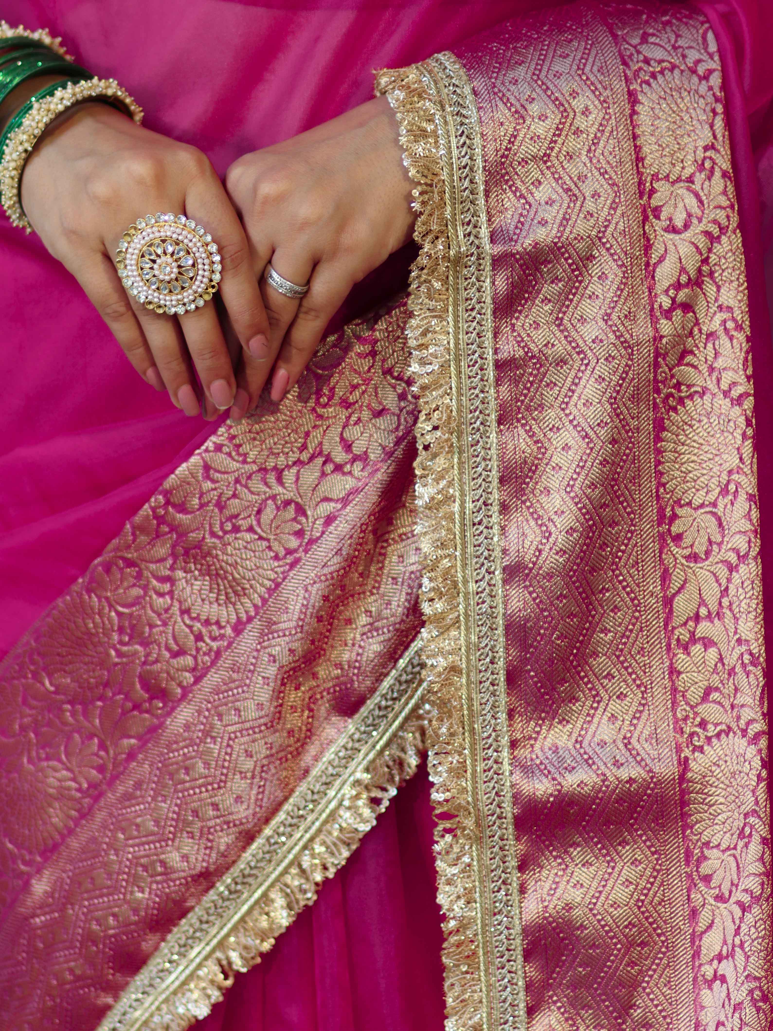 Banarasee Handwoven Plain Tissue Saree With Zari Border & Lace-Rani Pink