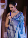 Banarasee Handloom Tissue Saree With Zari Woven Design Broad Border & Lace-Sky Blue