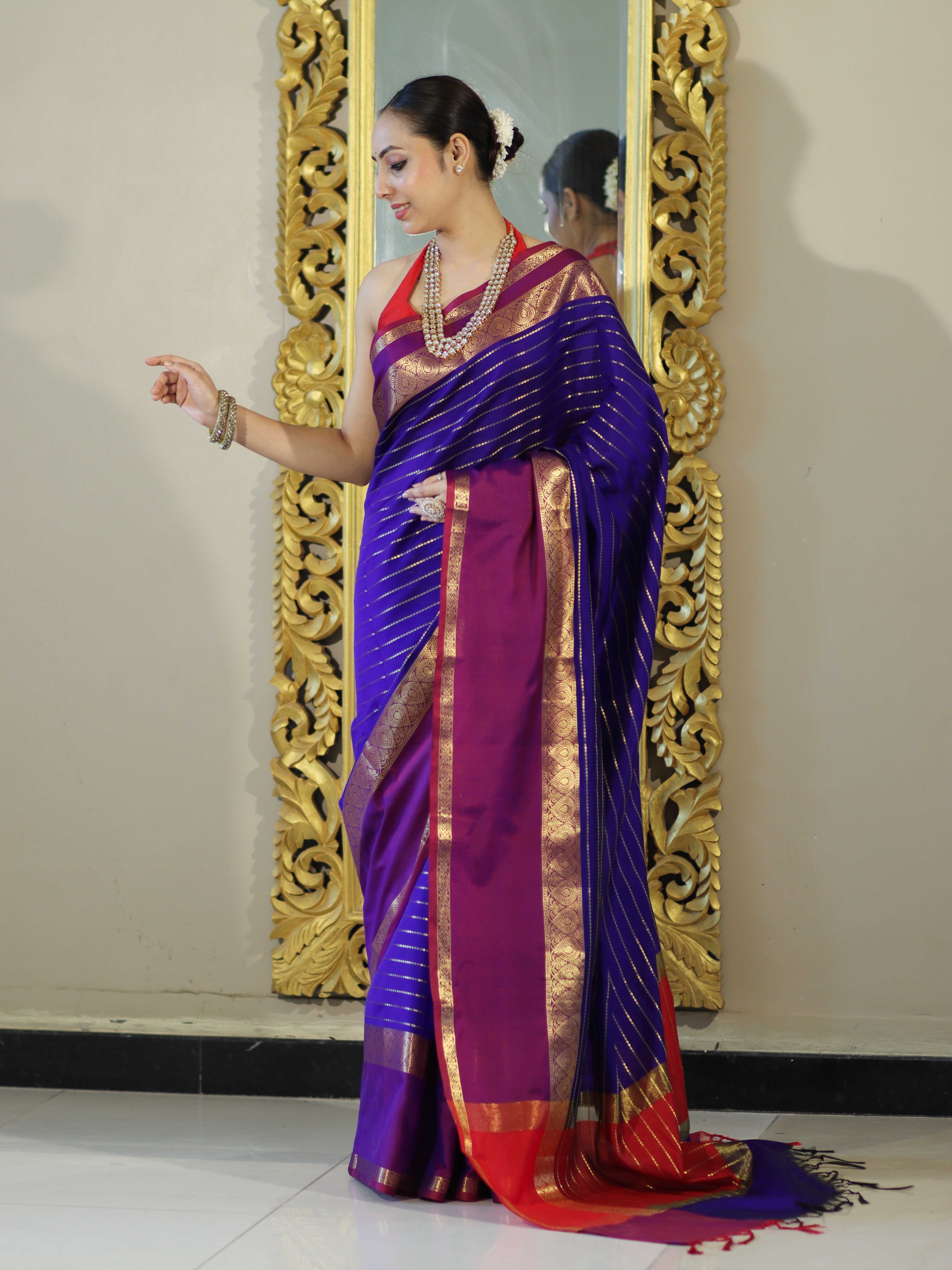 Banarasee Handloom Semi Silk Saree With Stripe Pattern & Contrast Border-Violet & Red