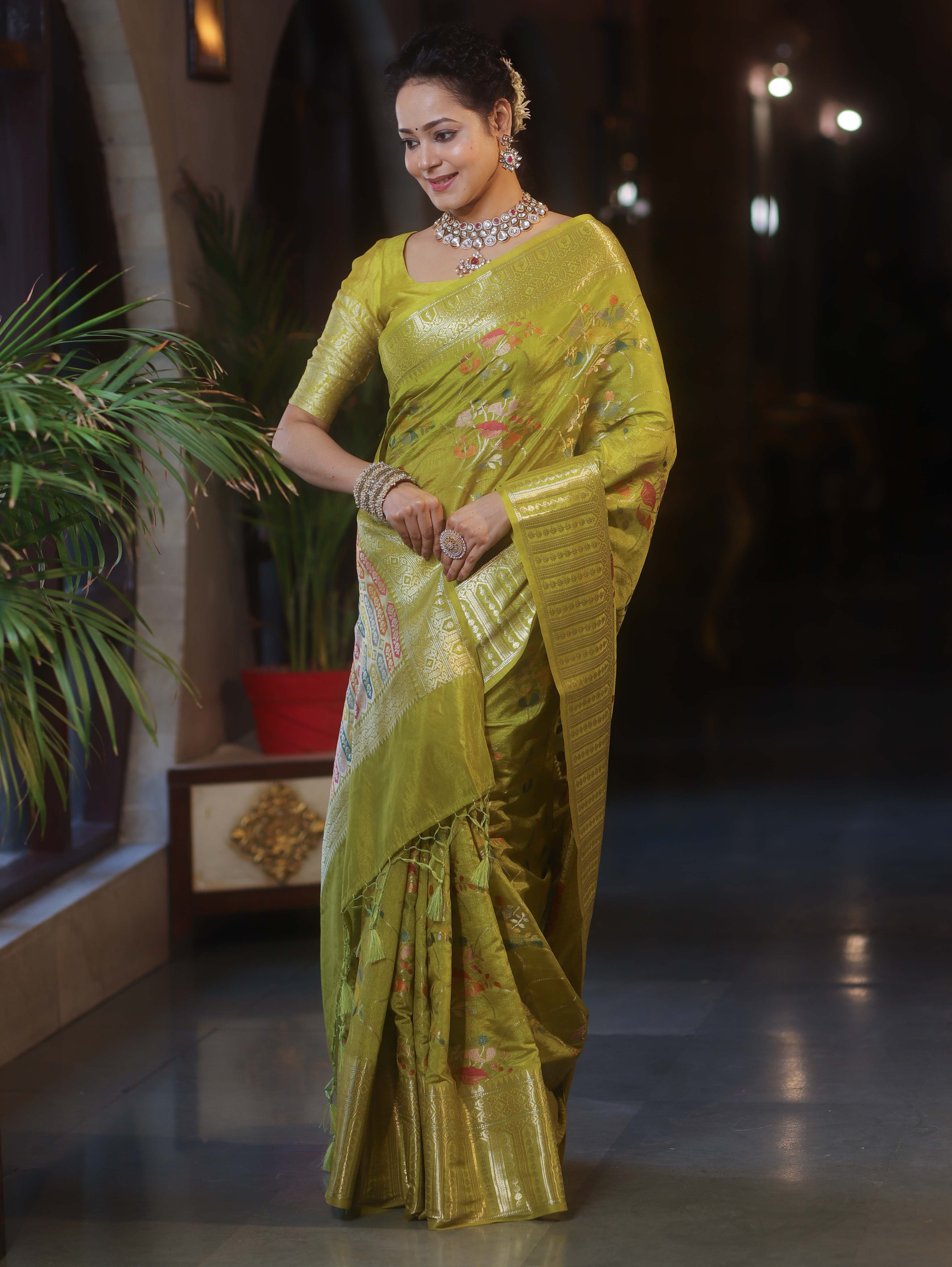 Banarasee Handwoven Semi Silk Saree With Gold Zari & Resham Jaal Design-Olive Green