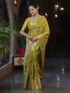 Banarasee Handwoven Semi Silk Saree With Gold Zari & Resham Jaal Design-Olive Green