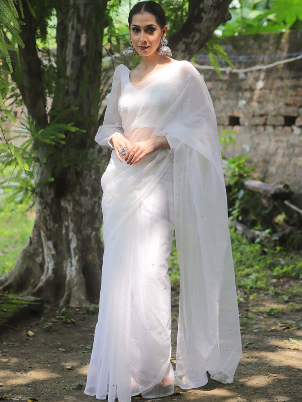 Banarasee Hand-Embroidered Mirror Work Organza Saree With Blouse-White