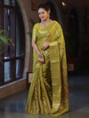Banarasee Handwoven Semi Silk Saree With Gold Zari & Resham Jaal Design-Olive Green