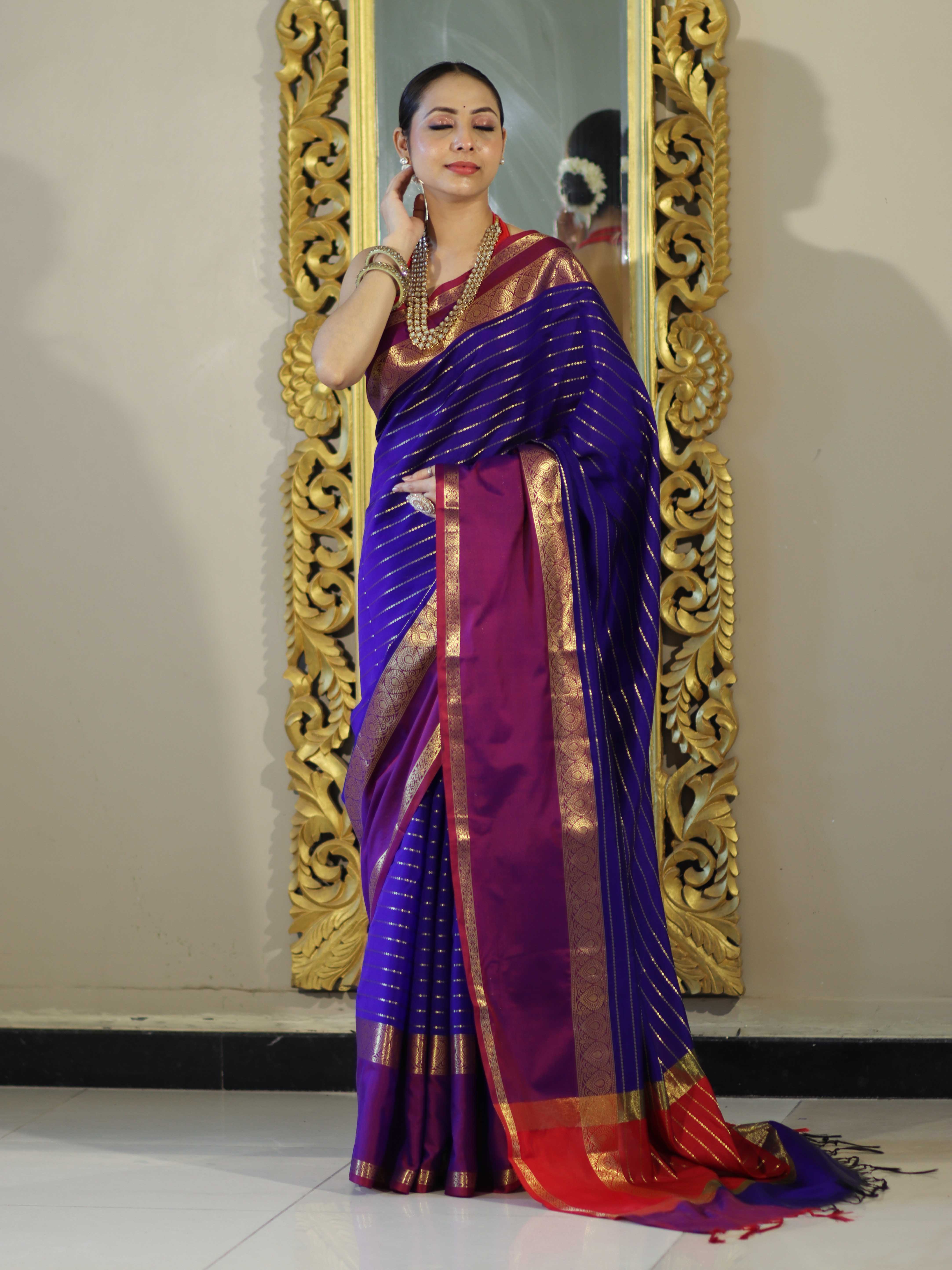 Banarasee Handloom Semi Silk Saree With Stripe Pattern & Contrast Border-Violet & Red