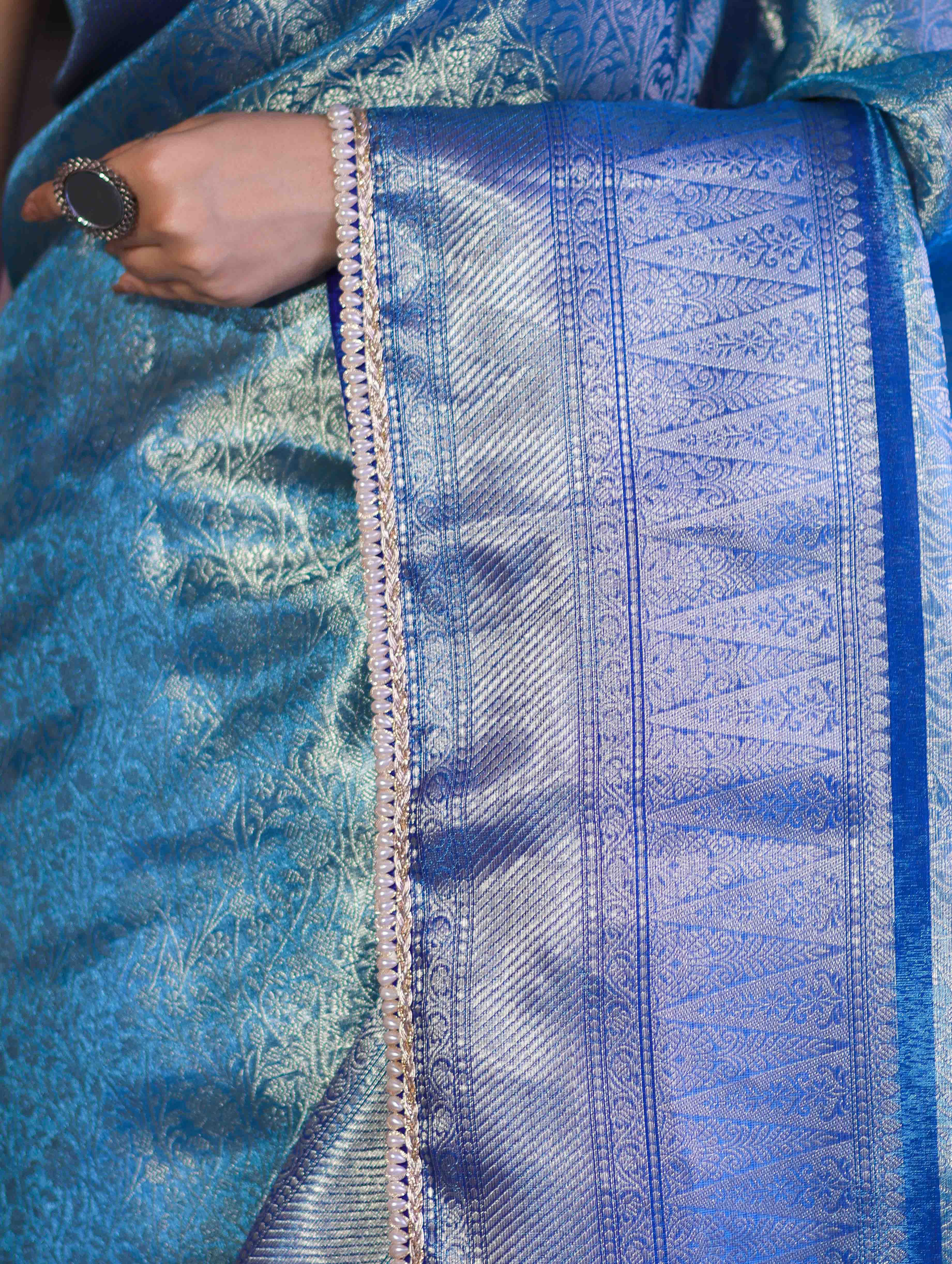 Banarasee Handloom Tissue Saree With Zari Woven Design Broad Border & Lace-Sky Blue