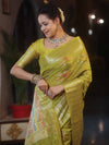 Banarasee Handwoven Semi Silk Saree With Gold Zari & Resham Jaal Design-Olive Green