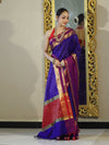 Banarasee Handloom Semi Silk Saree With Stripe Pattern & Contrast Border-Violet & Red